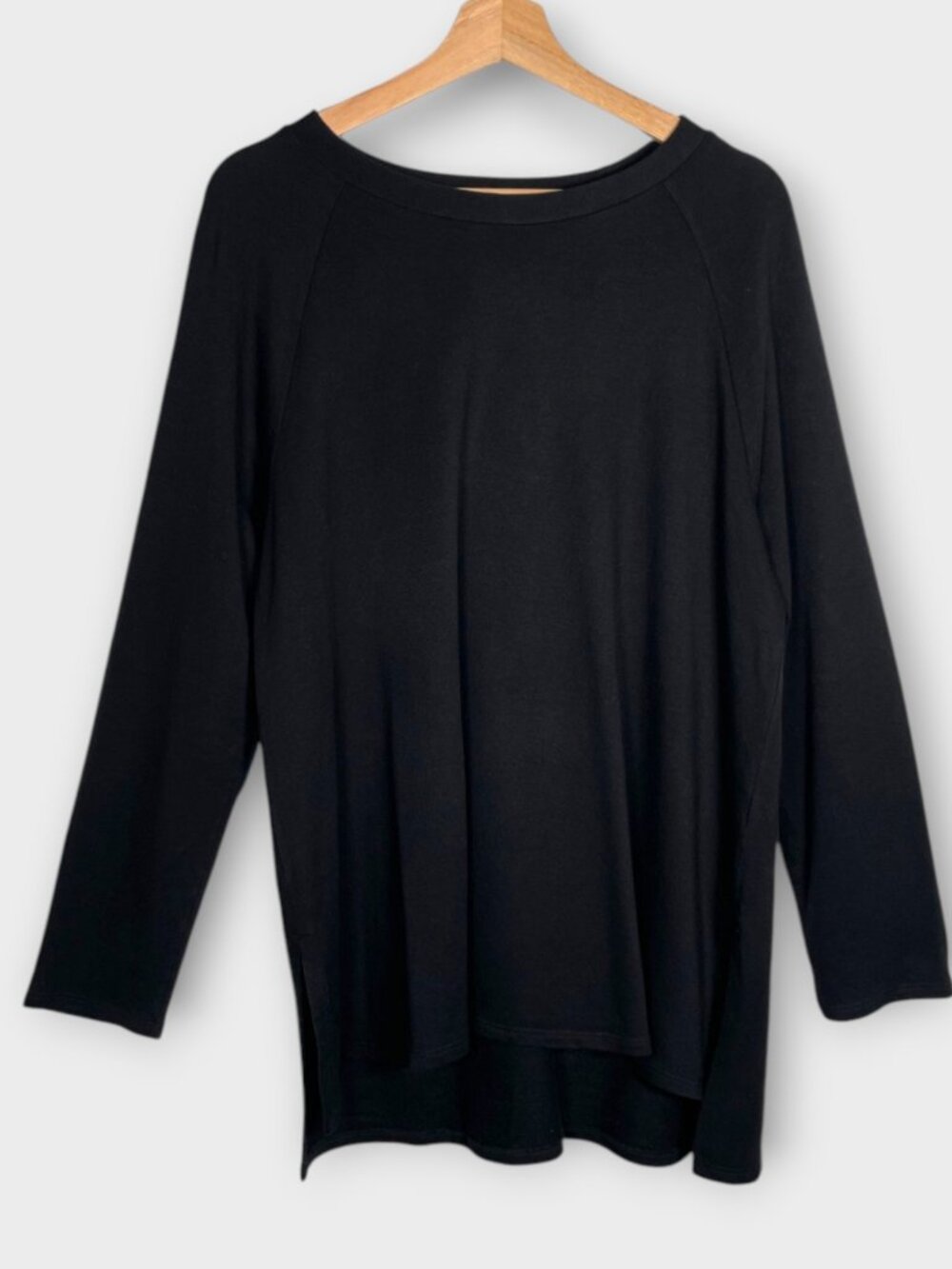 Eileen Fisher Tunic Top L Black Boat Neck Long Sleeve Relaxed Stretch Soft